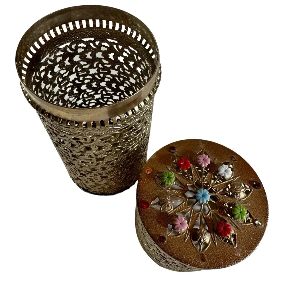 Vintage Gold Filigree Hairspray Can Holder Hollywood Regency Enamel Flowers
